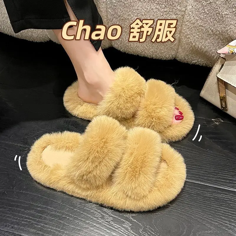 Internet celebrity plush slippers women's outdoor wear autumn and winter New Fashion ins home non-slip all-match flat cotton slippers