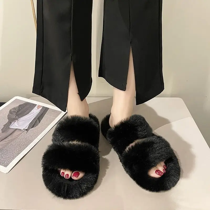 Internet celebrity plush slippers women's outdoor wear autumn and winter New Fashion ins home non-slip all-match flat cotton slippers