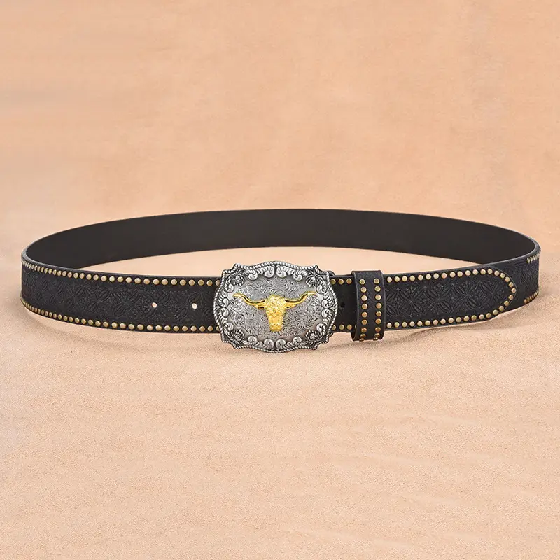 Men's Black Rivet Belt Retro Style Trousers Belt - Image 5