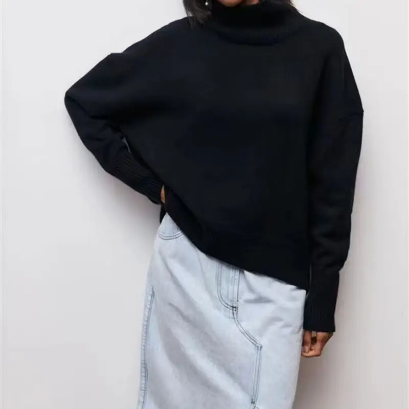 Women Long Sleeve Knitted Sweater Black Winter