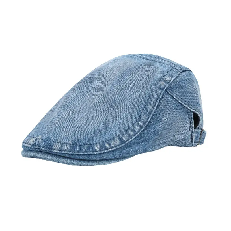 Men's Light Blue Denim Distressed Beret Cap - Image 9