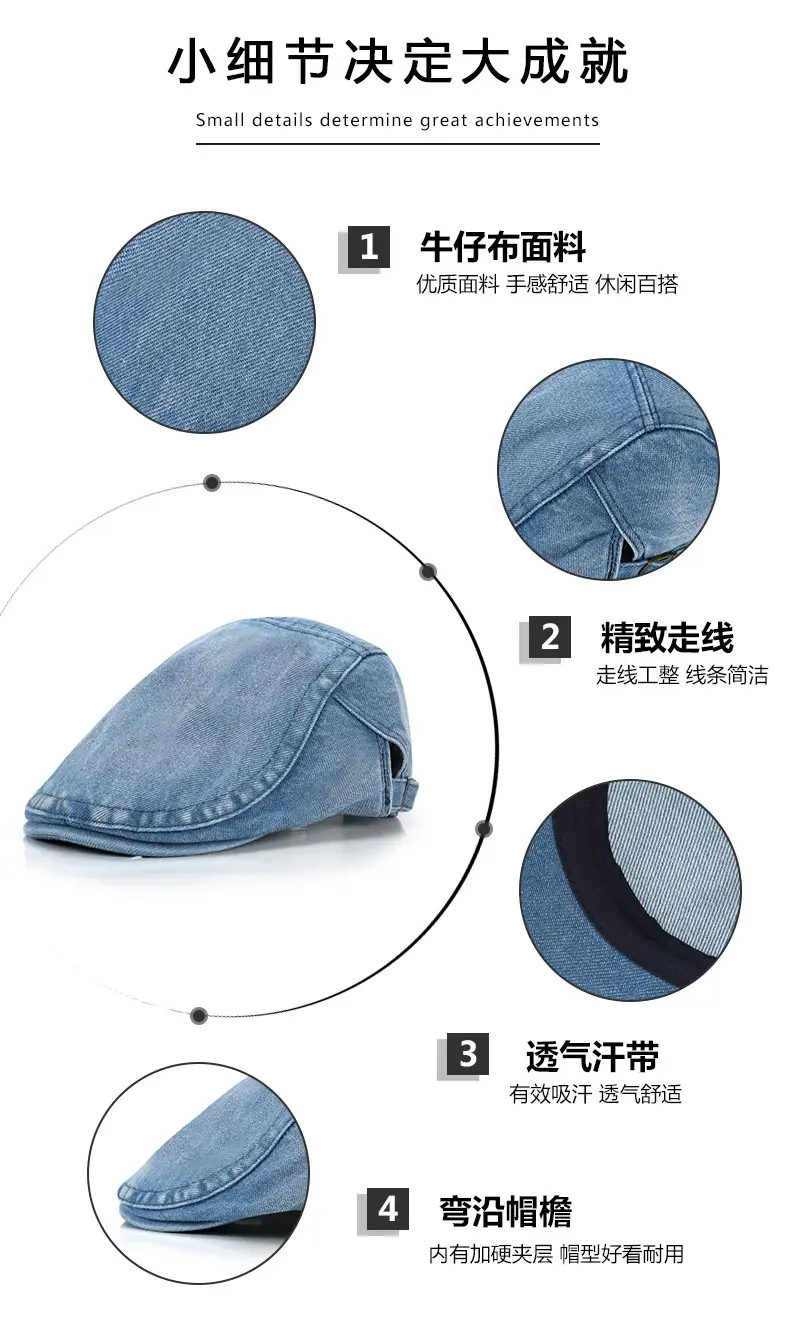 Men's Light Blue Denim Distressed Beret Cap — feature 3