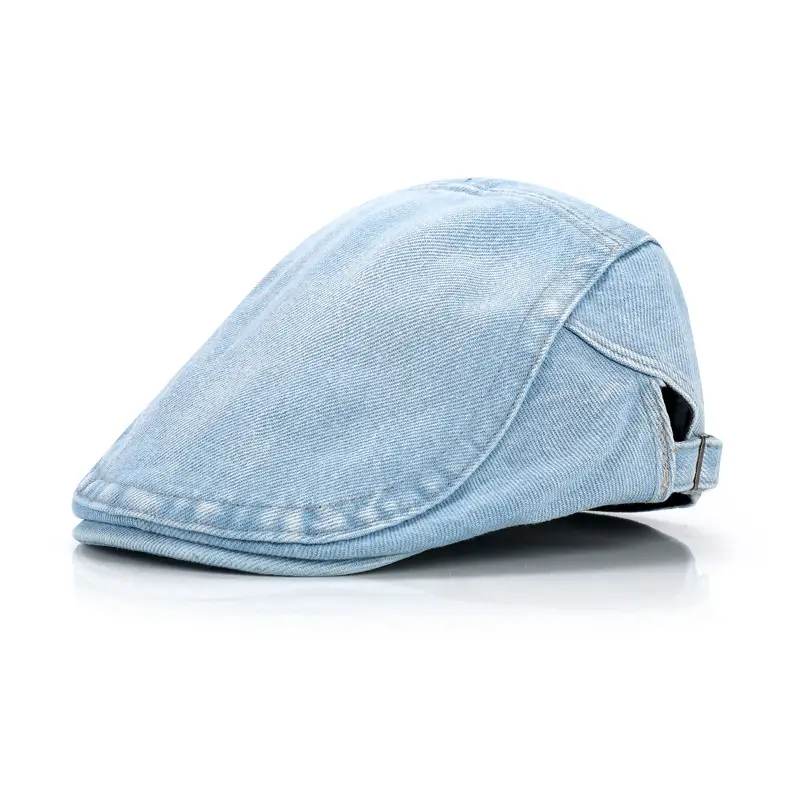 Men's Light Blue Denim Distressed Beret Cap - Image 3