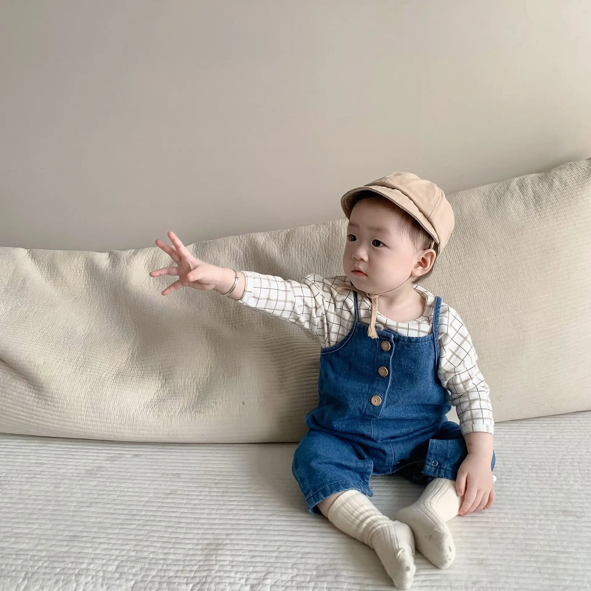 Baby Plaid T-Shirt Denim Overalls Two-Piece Set - Image 5