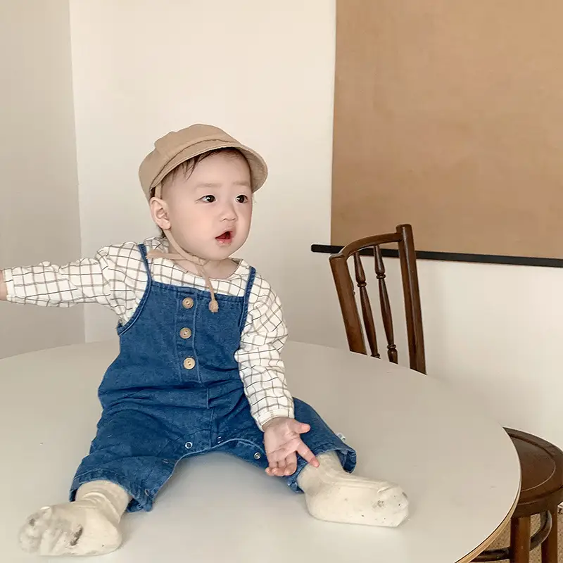 Baby Plaid T-Shirt Denim Overalls Two-Piece Set - Image 7