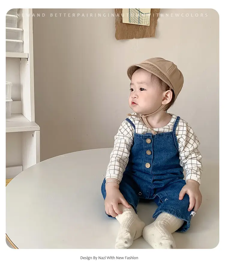 Baby Plaid T-Shirt Denim Overalls Two-Piece Set — feature 1