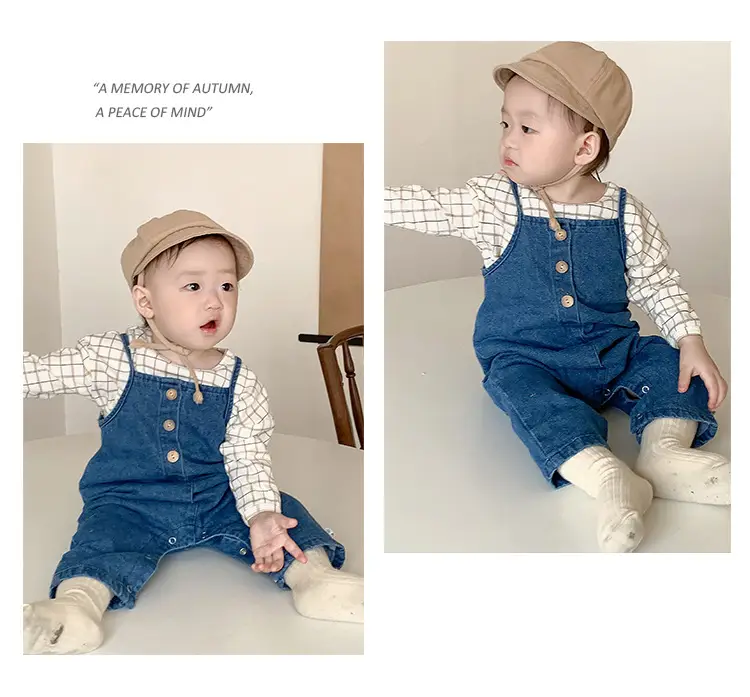 Baby Plaid T-Shirt Denim Overalls Two-Piece Set — feature 6
