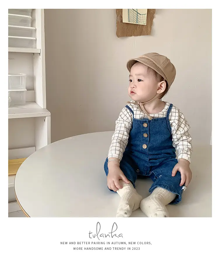 Baby Plaid T-Shirt Denim Overalls Two-Piece Set — feature 7