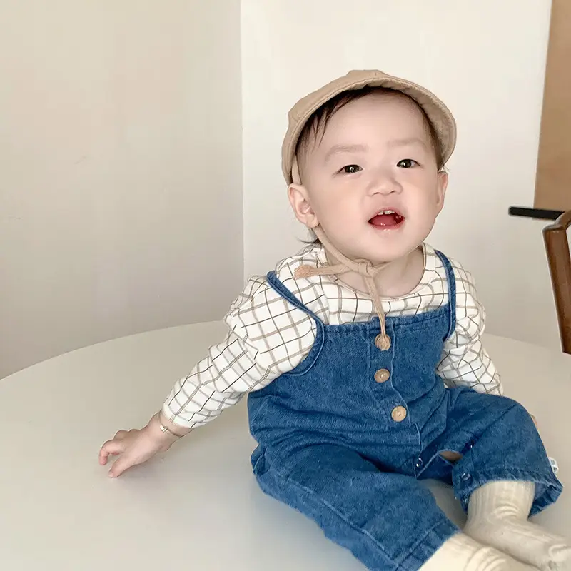 Baby Plaid T-Shirt Denim Overalls Two-Piece Set - Image 2