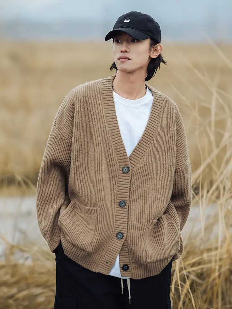 Men Textured Thick-Knit Cardigan Jacket Beige 2024 Winter - Image 6