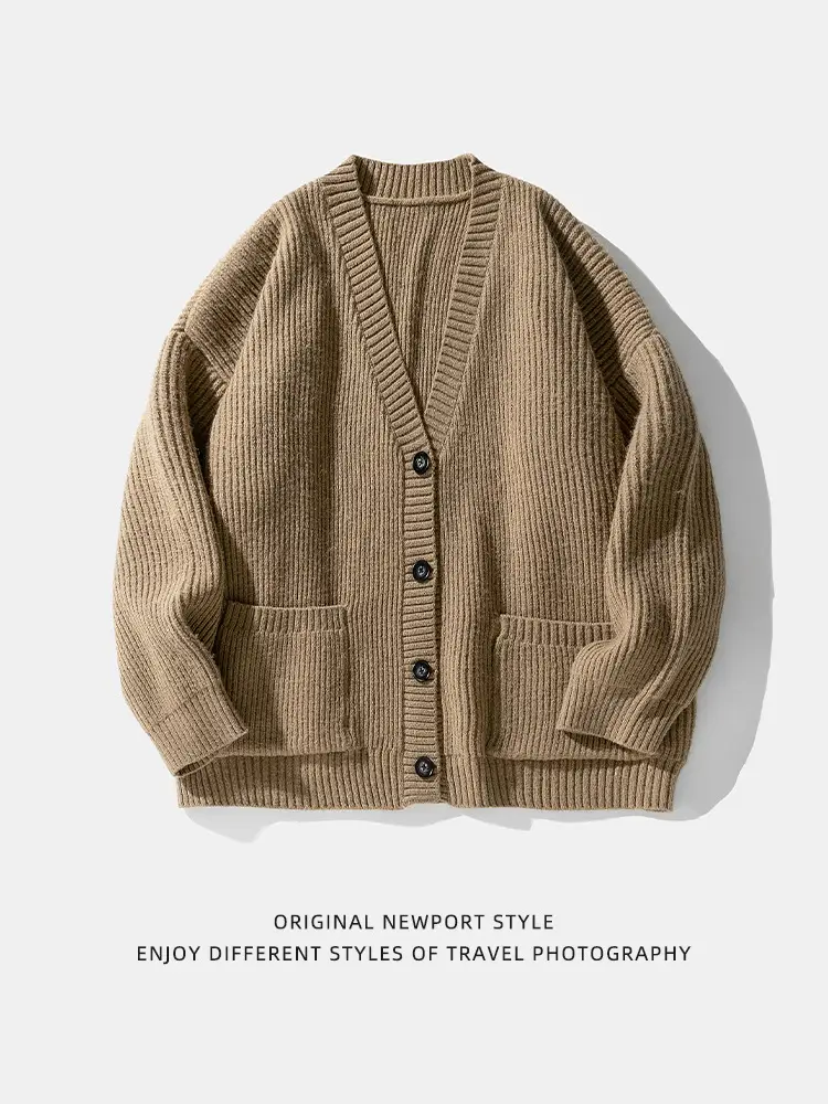 Men Textured Thick-Knit Cardigan Jacket Beige 2024 Winter - Image 9
