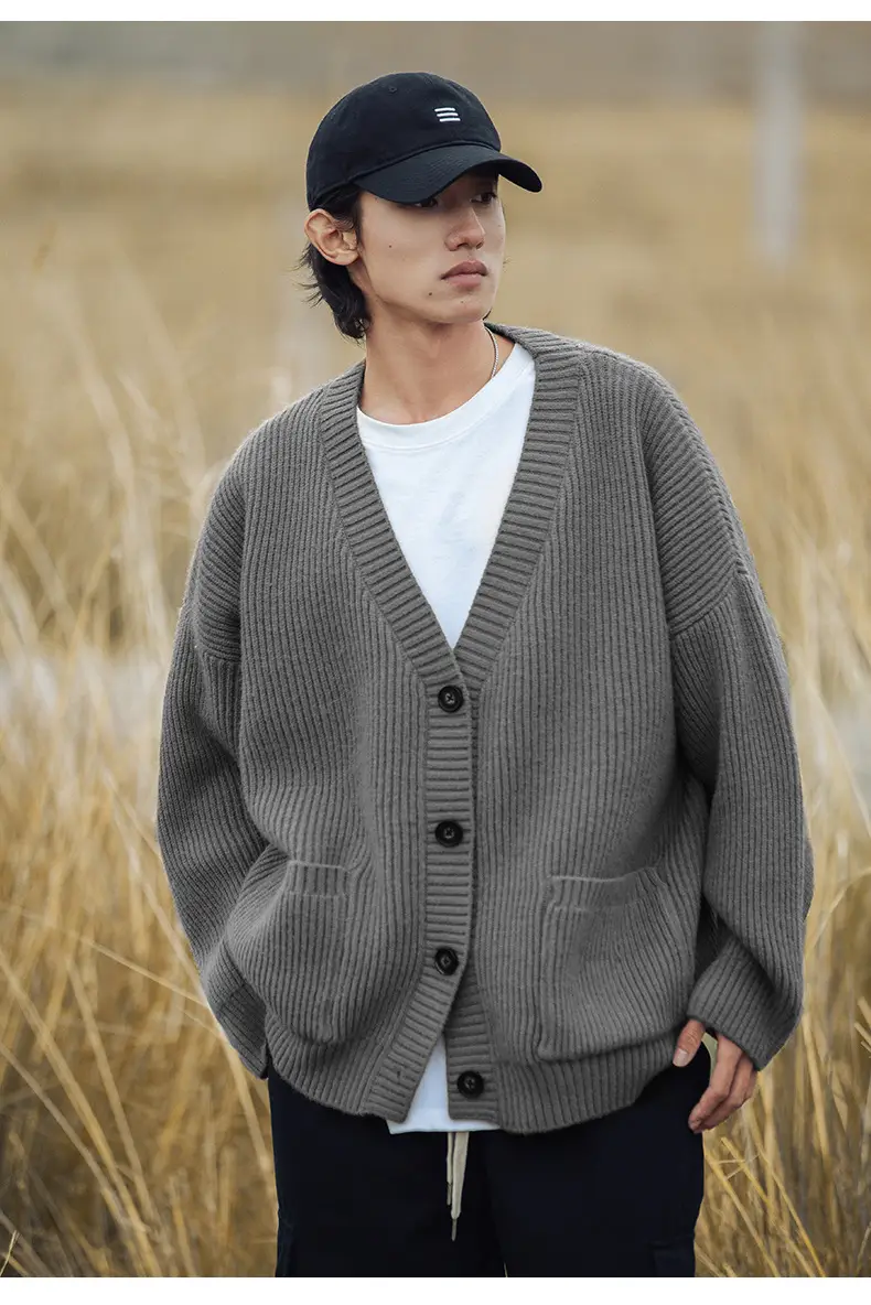 Men Textured Thick-Knit Cardigan Jacket Beige 2024 Winter — feature 10
