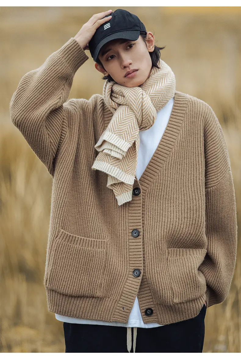 Men Textured Thick-Knit Cardigan Jacket Beige 2024 Winter — feature 11