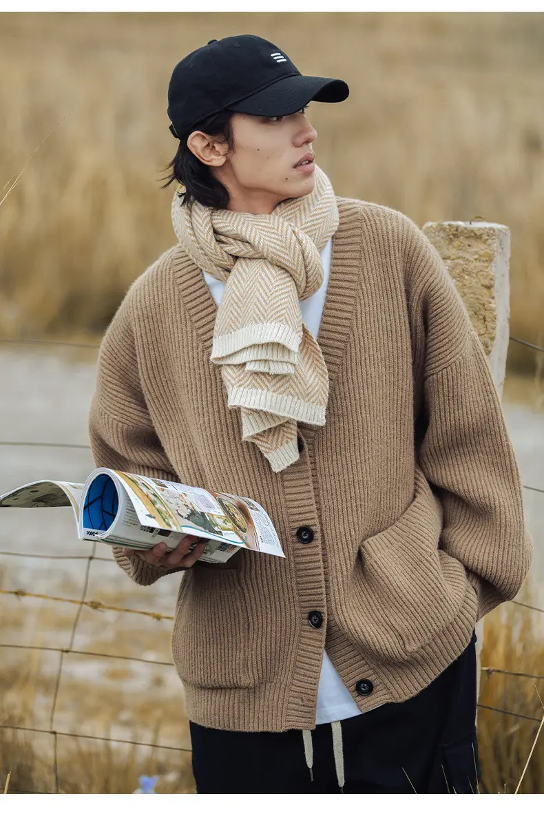Men Textured Thick-Knit Cardigan Jacket Beige 2024 Winter — feature 12
