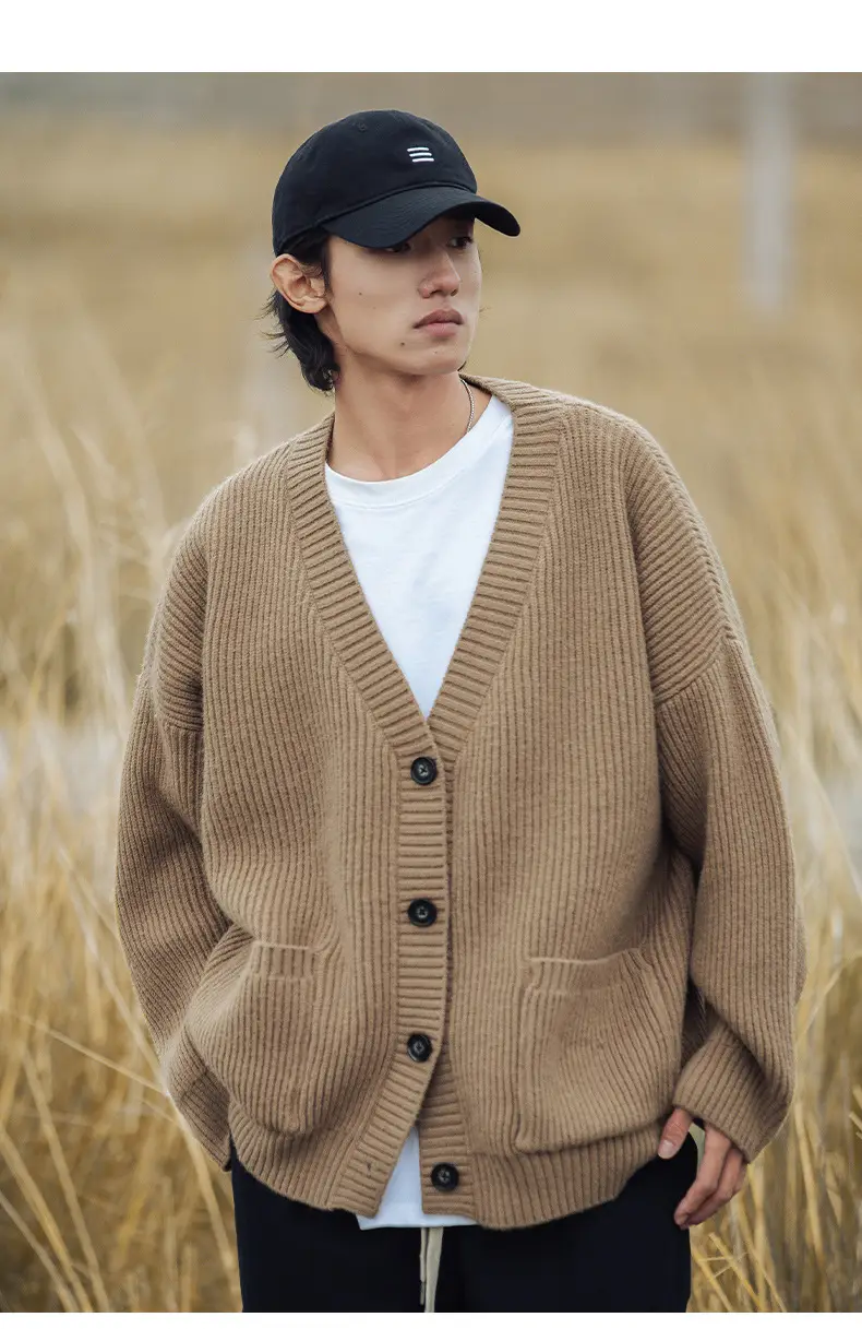 Men Textured Thick-Knit Cardigan Jacket Beige 2024 Winter — feature 13