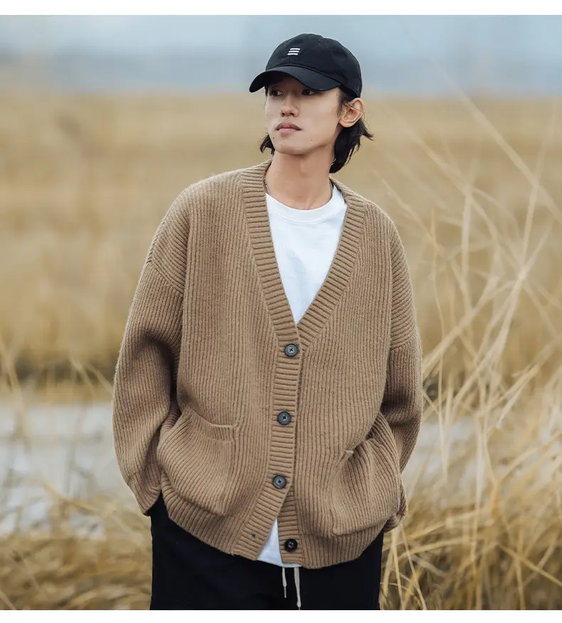 Men Textured Thick-Knit Cardigan Jacket Beige 2024 Winter — feature 14