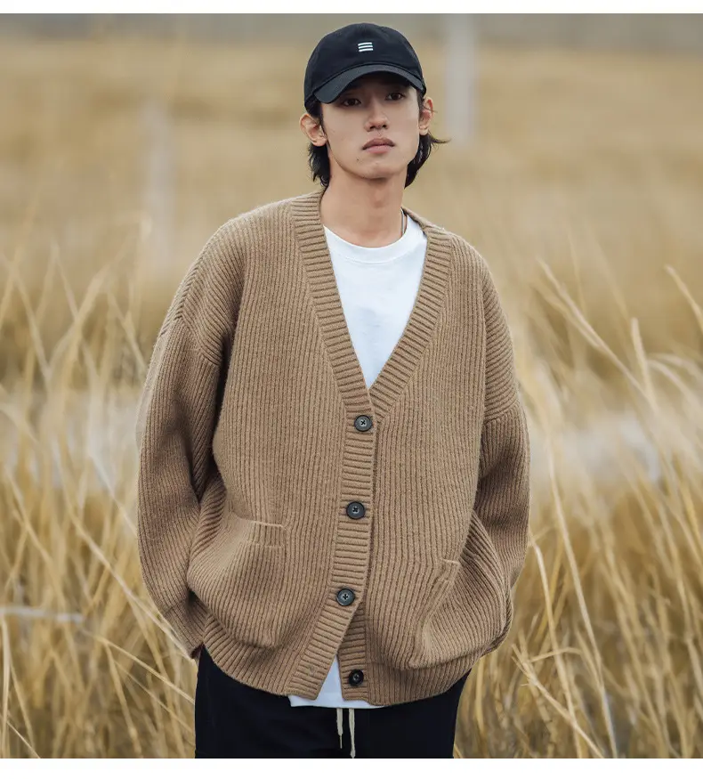 Men Textured Thick-Knit Cardigan Jacket Beige 2024 Winter — feature 15