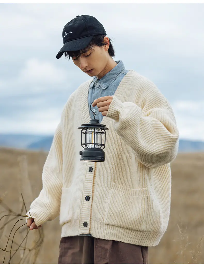 Men Textured Thick-Knit Cardigan Jacket Beige 2024 Winter — feature 16
