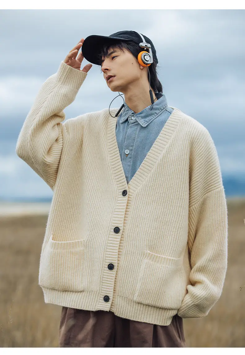 Men Textured Thick-Knit Cardigan Jacket Beige 2024 Winter — feature 17