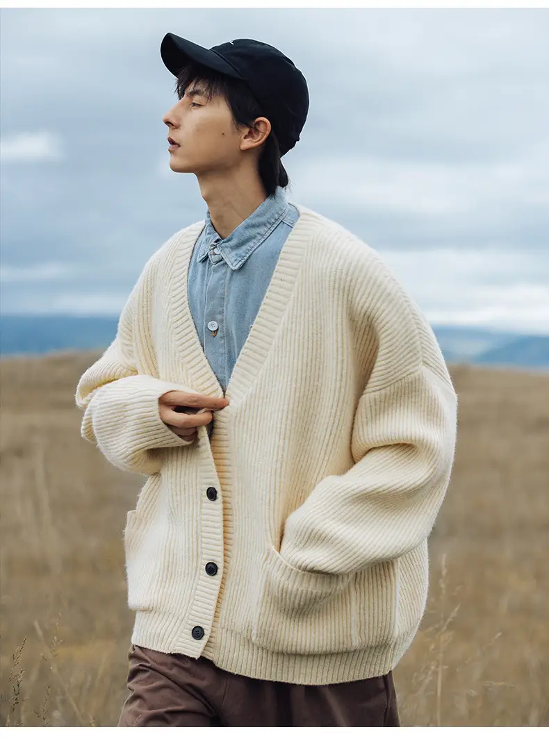 Men Textured Thick-Knit Cardigan Jacket Beige 2024 Winter — feature 18