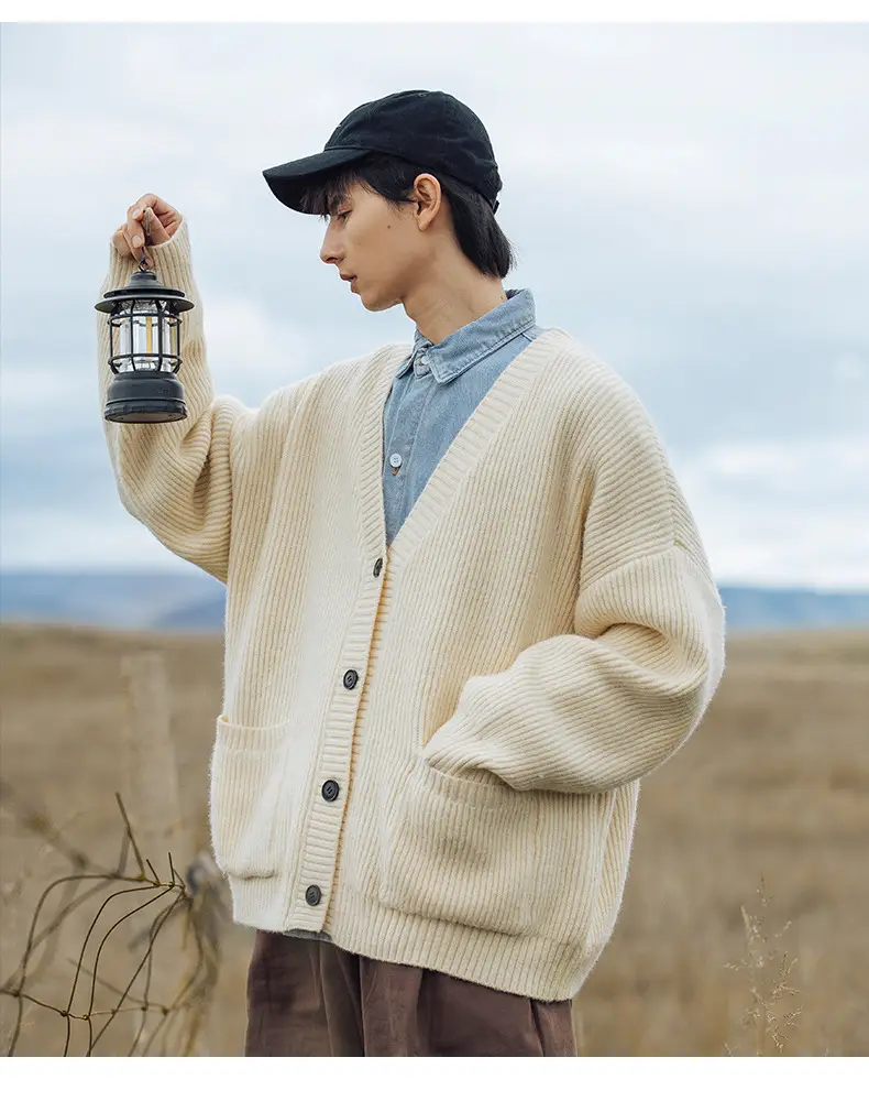 Men Textured Thick-Knit Cardigan Jacket Beige 2024 Winter — feature 19