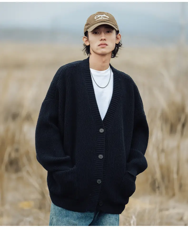 Men Textured Thick-Knit Cardigan Jacket Beige 2024 Winter — feature 22