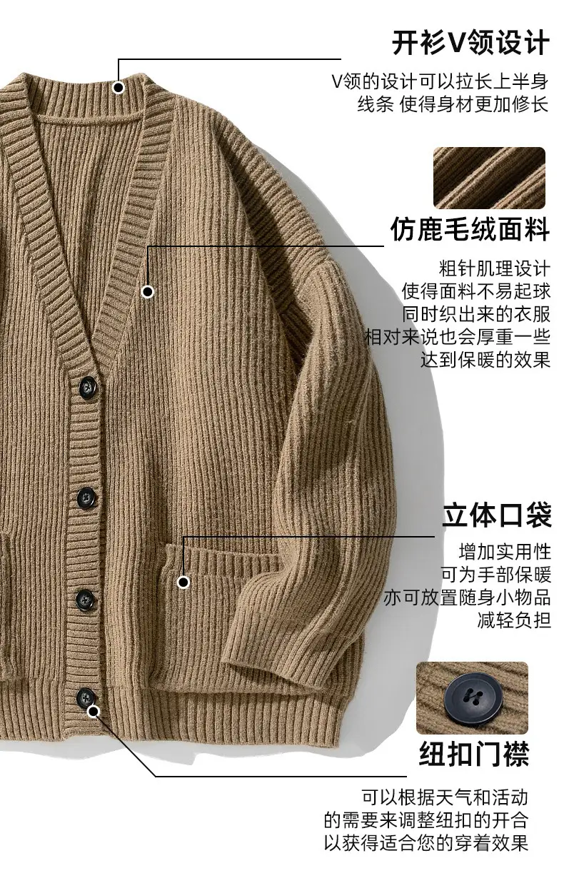 Men Textured Thick-Knit Cardigan Jacket Beige 2024 Winter — feature 5