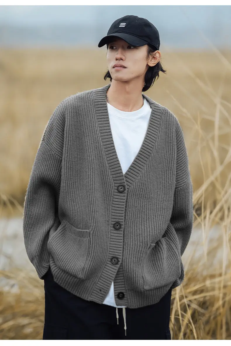Men Textured Thick-Knit Cardigan Jacket Beige 2024 Winter — feature 9
