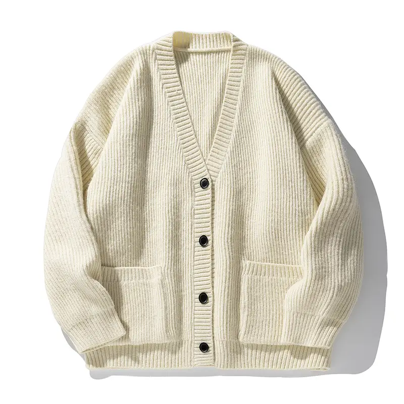 Men Textured Thick-Knit Cardigan Jacket Beige 2024 Winter - Image 3