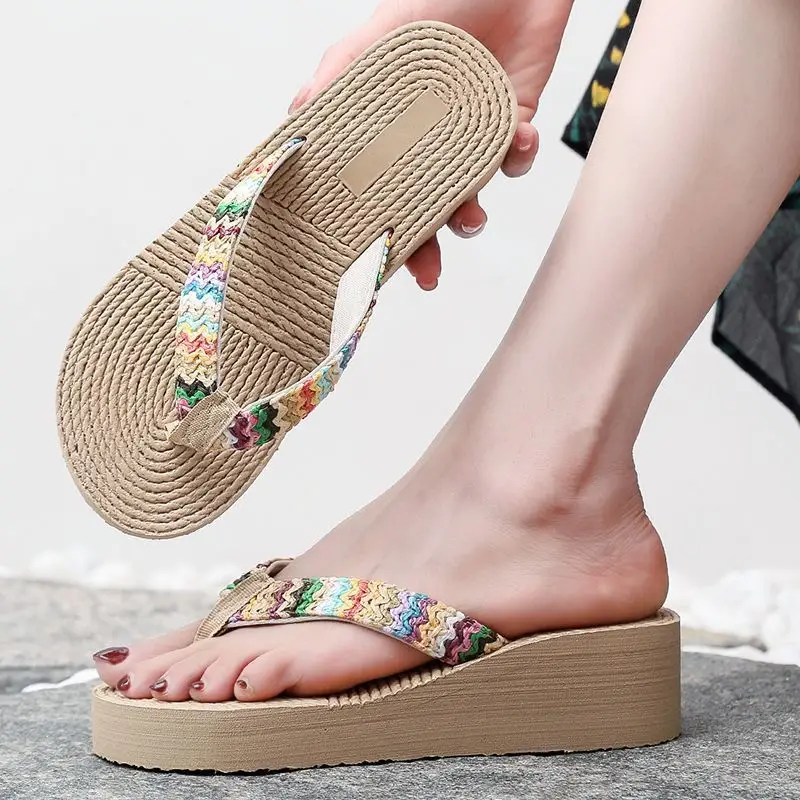 Flip flops women's summer outdoor flip-flops high heel platform straw shoes pastoral seaside vacation beach shoes wedge slippers - Image 4