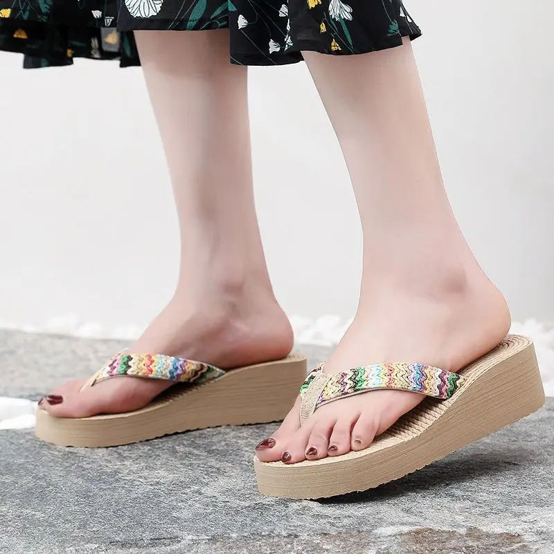 Flip flops women's summer outdoor flip-flops high heel platform straw shoes pastoral seaside vacation beach shoes wedge slippers - Image 5