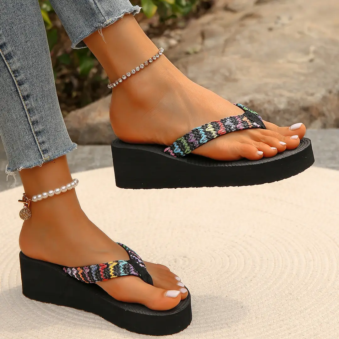 Flip flops women's summer outdoor flip-flops high heel platform straw shoes pastoral seaside vacation beach shoes wedge slippers — feature 6