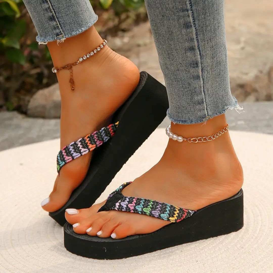 Flip flops women's summer outdoor flip-flops high heel platform straw shoes pastoral seaside vacation beach shoes wedge slippers — feature 9