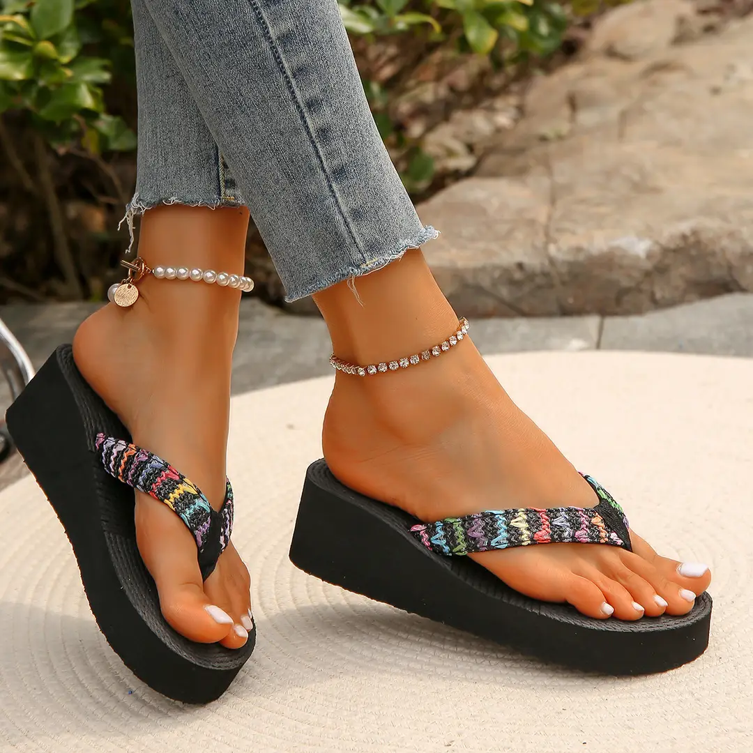 Flip flops women's summer outdoor flip-flops high heel platform straw shoes pastoral seaside vacation beach shoes wedge slippers - Image 2