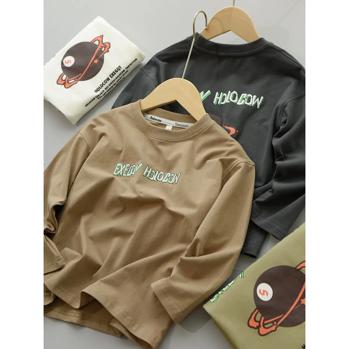 170 Kids Cotton Long Sleeve T-Shirt Brown Green - Image 5