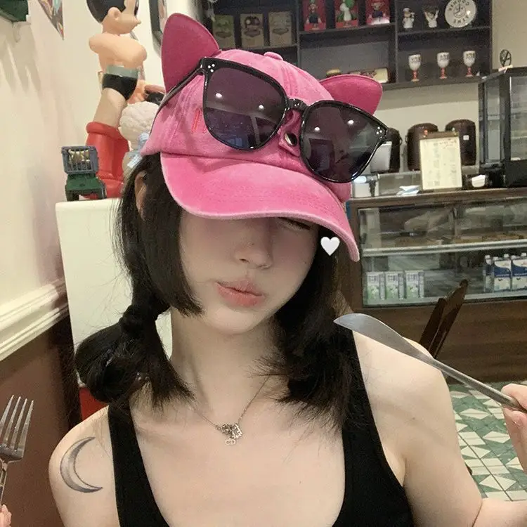 Pink Cat Ears Sunglasses Cap for Women - Image 10