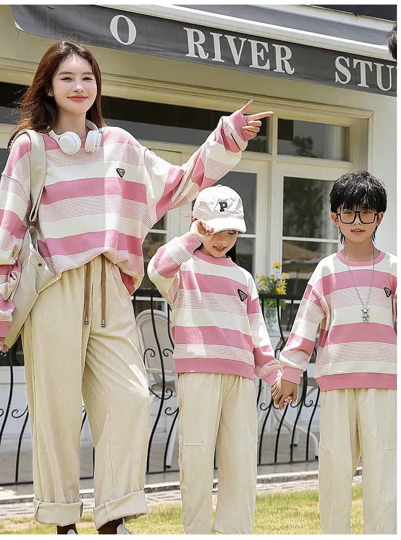 Parent-Child Clothing Spring & Fall 2024 New Style Stripesd Sweatshirt Mother and Daughter Clothing for a Family of Three or Four Tops and Pants Suits — feature 13