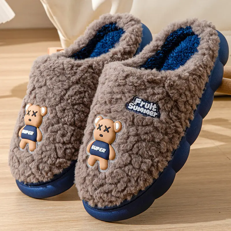 Cartoon Cotton Slippers for Women, Autumn and Winter Indoor Home 2024 New Velvet Warm Anti-Slip Furry Men's Slippers