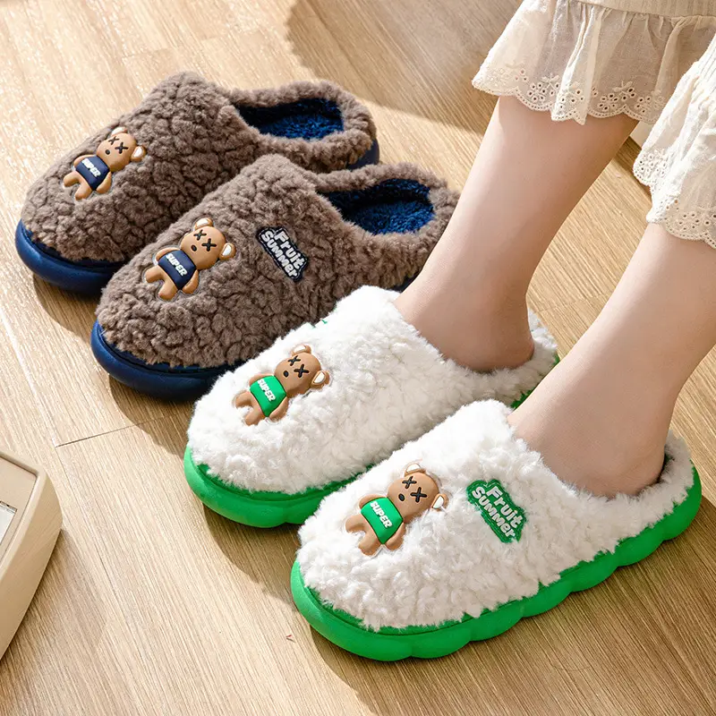 Cartoon Cotton Slippers for Women, Autumn and Winter Indoor Home 2024 New Velvet Warm Anti-Slip Furry Men's Slippers