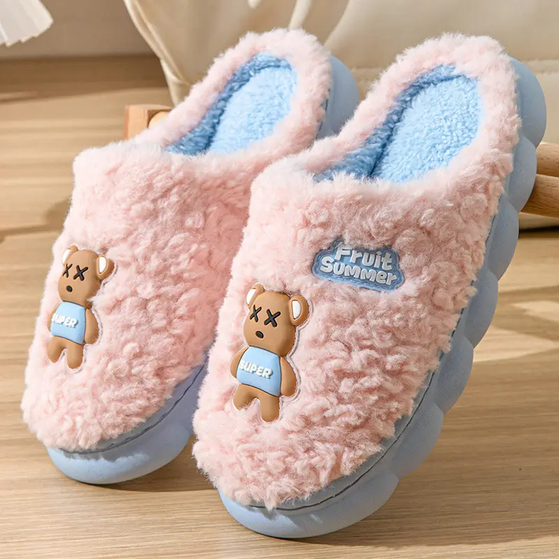Cartoon Cotton Slippers for Women, Autumn and Winter Indoor Home 2024 New Velvet Warm Anti-Slip Furry Men's Slippers