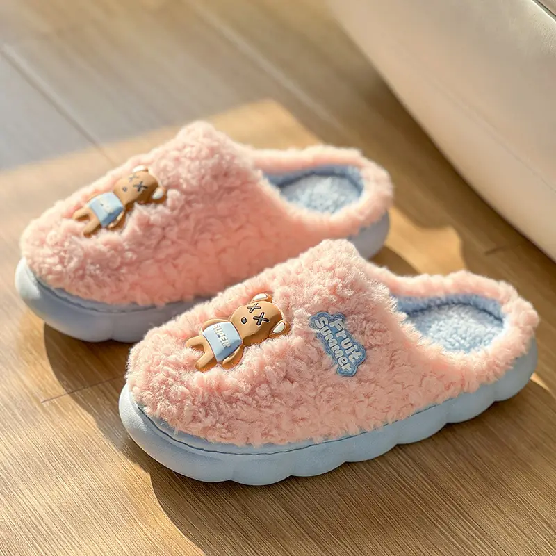 Cartoon Cotton Slippers for Women, Autumn and Winter Indoor Home 2024 New Velvet Warm Anti-Slip Furry Men's Slippers