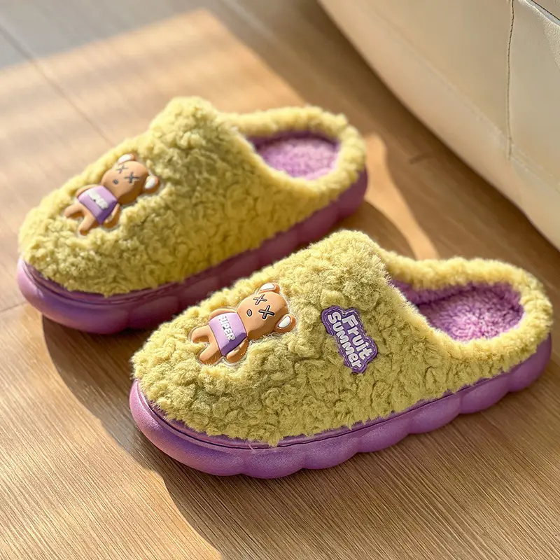 Cartoon Cotton Slippers for Women, Autumn and Winter Indoor Home 2024 New Velvet Warm Anti-Slip Furry Men's Slippers