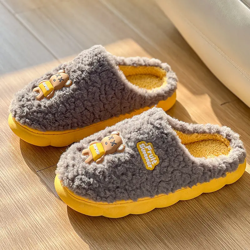 Cartoon Cotton Slippers for Women, Autumn and Winter Indoor Home 2024 New Velvet Warm Anti-Slip Furry Men's Slippers