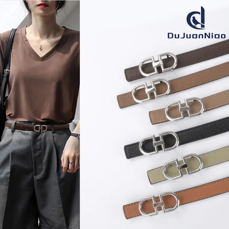 Women's Black Cowhide Leather Belt with H Logo - Image 10