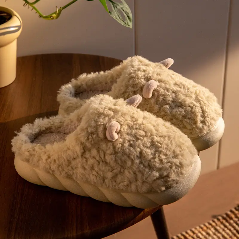 Nanbowan cotton slippers women's autumn and winter cute sheep horn home plush warm confinement fleece-lined couple slippers men - Image 2