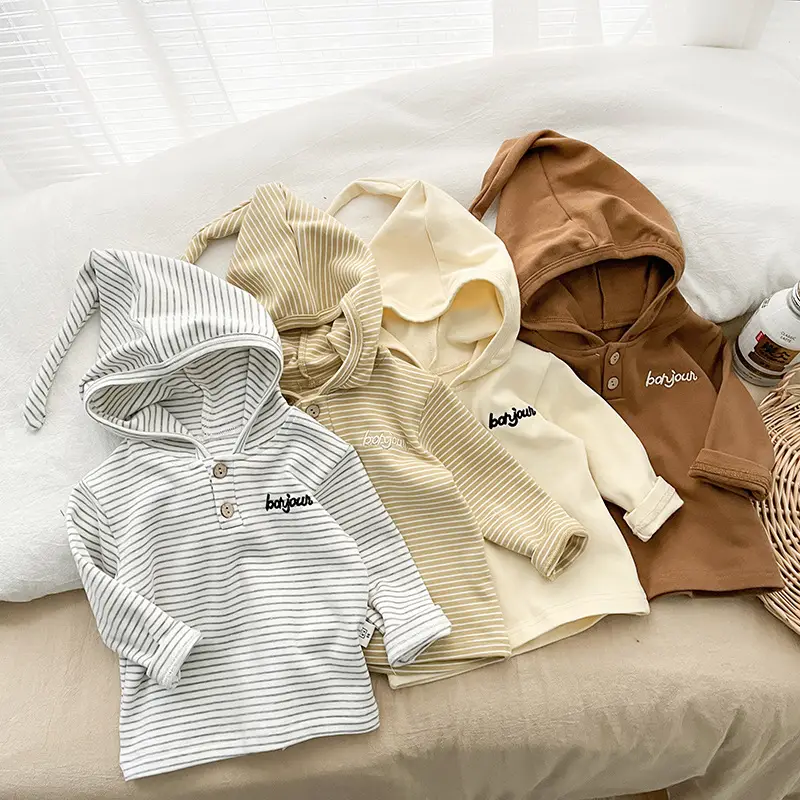 Baby Hooded T-Shirt Striped Grey White Long Sleeve