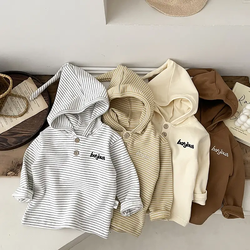 Baby Hooded T-Shirt Striped Grey White Long Sleeve