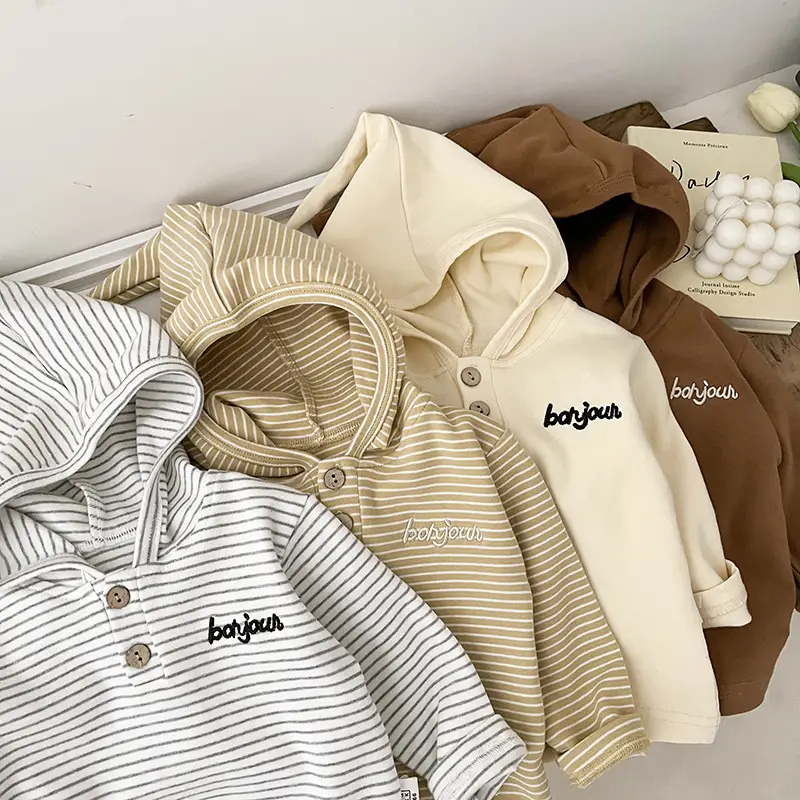 Baby Hooded T-Shirt Striped Grey White Long Sleeve