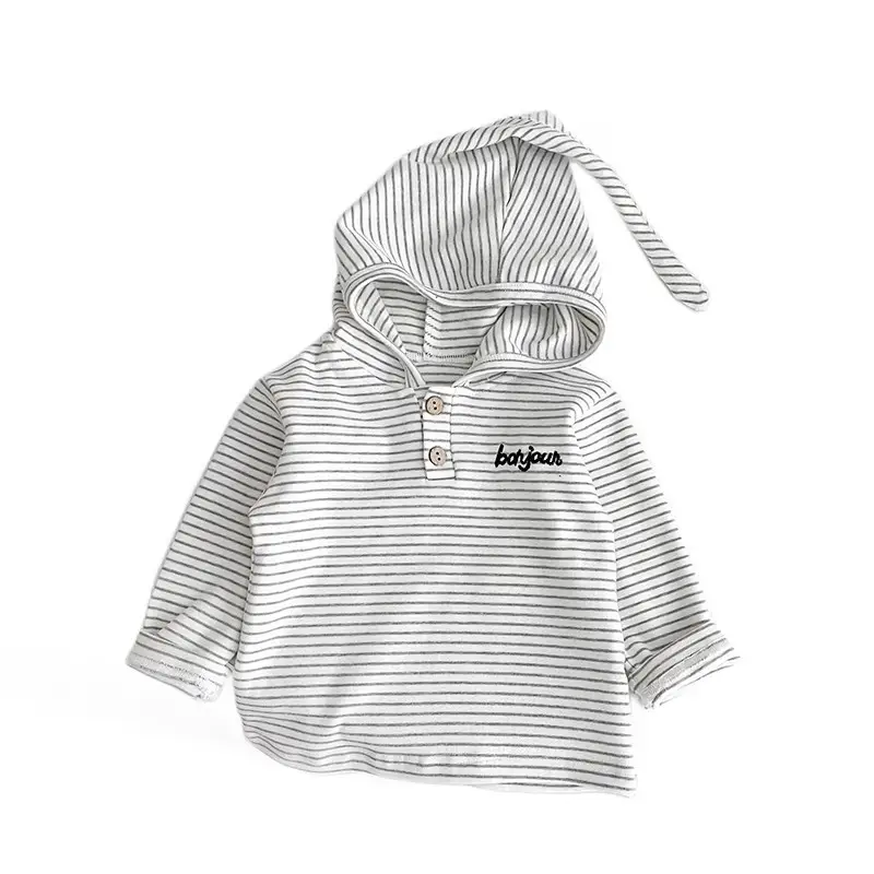 Baby Hooded T-Shirt Striped Grey White Long Sleeve