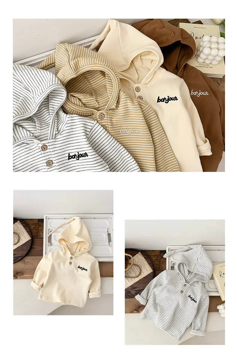 Baby Hooded T-Shirt Striped Grey White Long Sleeve — feature 9